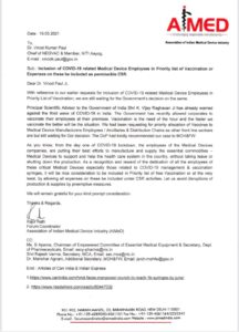 AiMeD urges centre to include medical device Mfr employees in vaccination priority