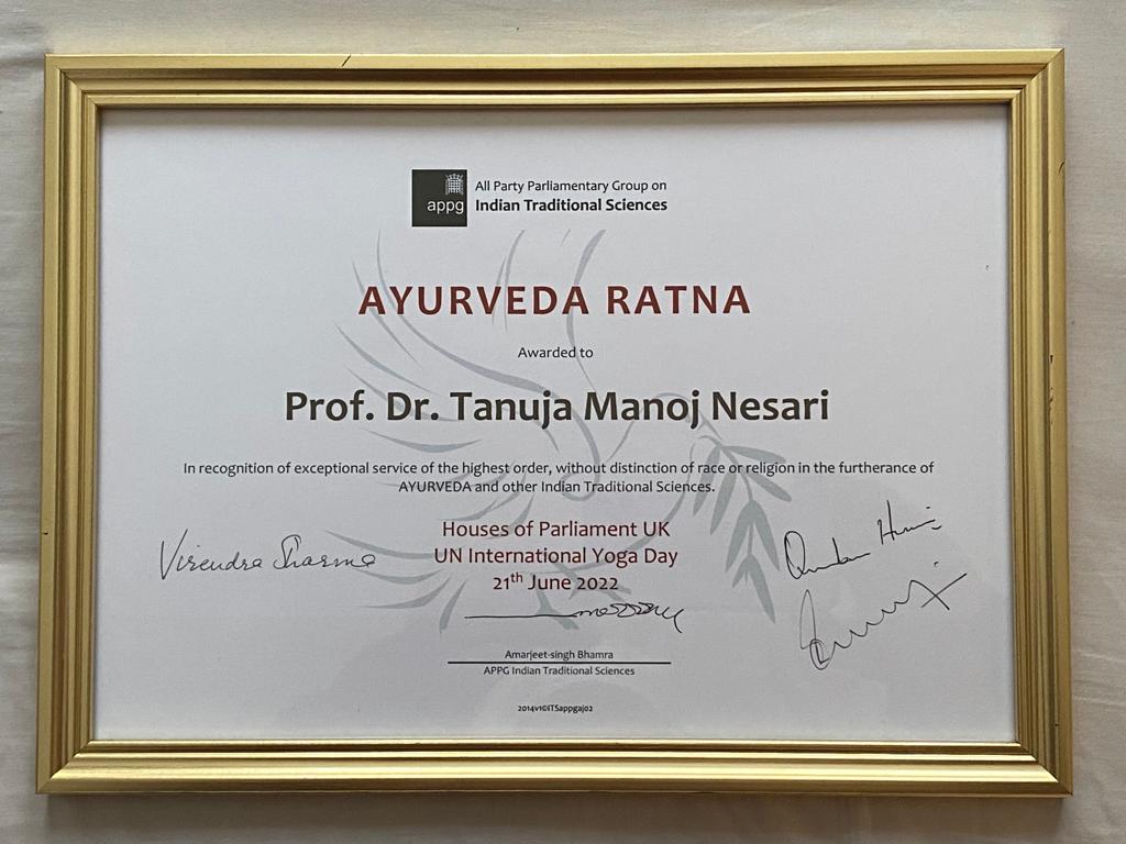  UK Parliament honours AIIA director Dr Tanuja Nesari with Ayurveda Ratna award.
